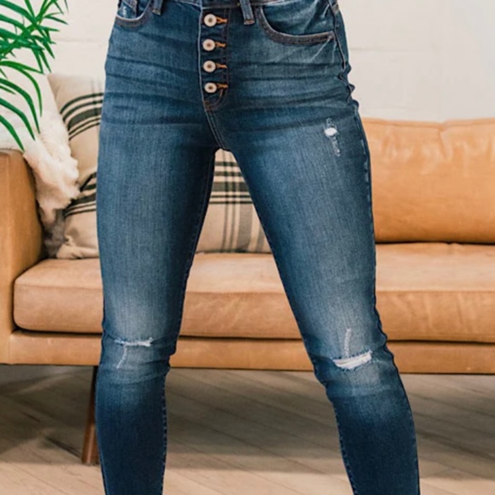 KanCan Karlianne High Rise Button Fly Skinny Distressed Blue Jeans with 11” Rise